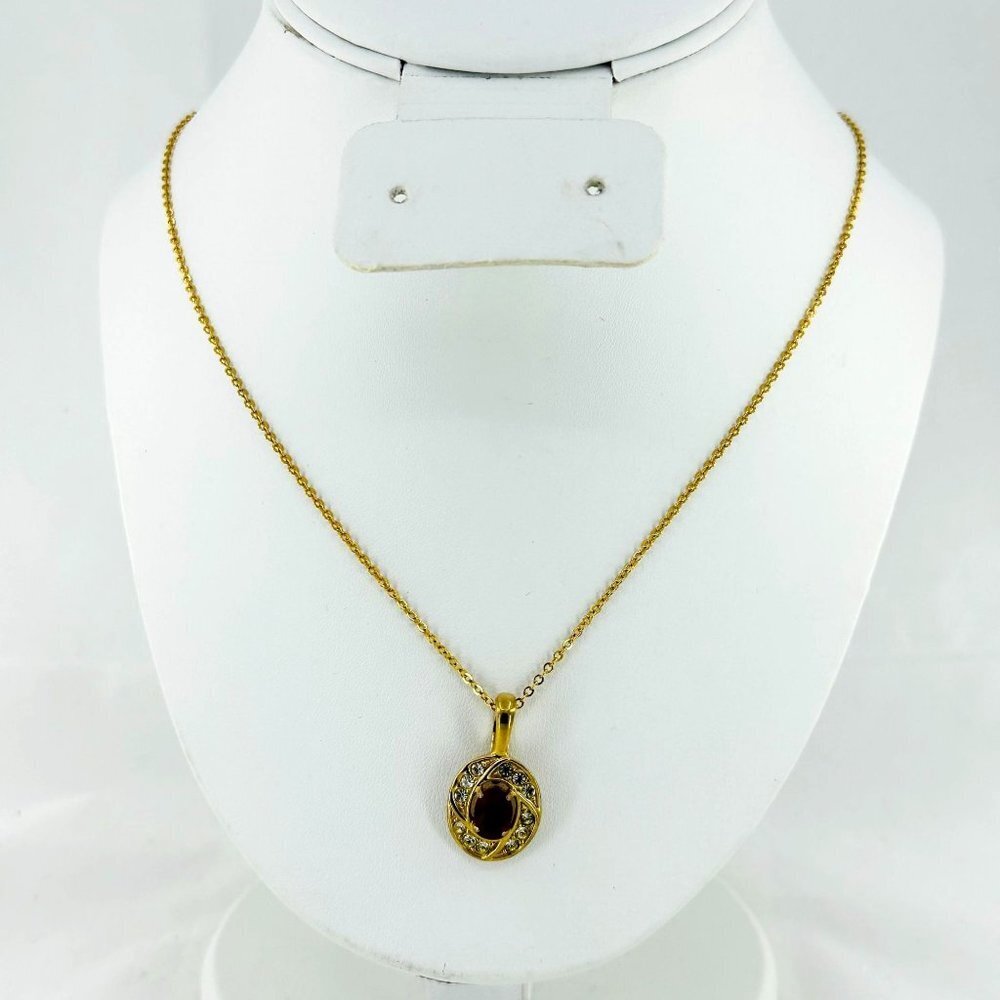 Red CZ Accented Clear Rhinestone Pendant Over Gold Plated Cable Chain Necklace